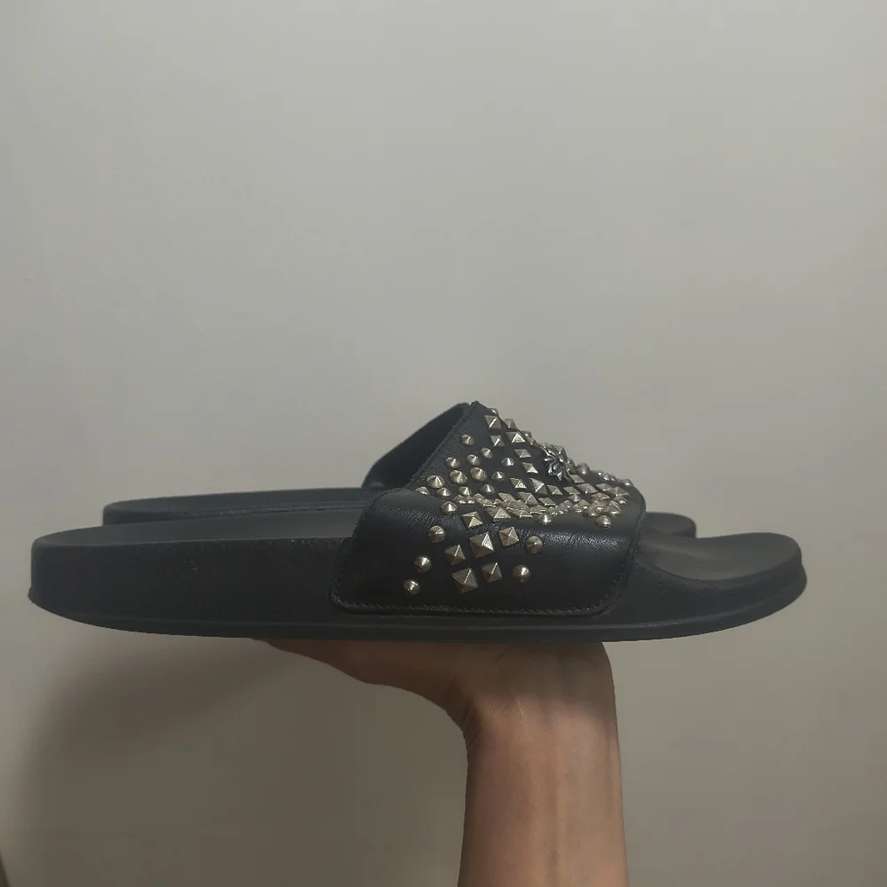 John Richmond Black Studded Leather Pool Slide Sandals Size 41/ US 8